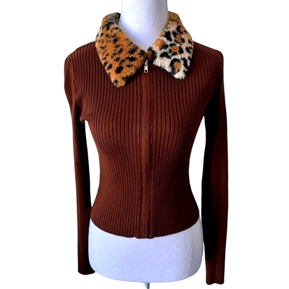 Leopard Collar Cardigan Zipper Sweater Ribbed 90s Y2K Forever 21 Sz Small